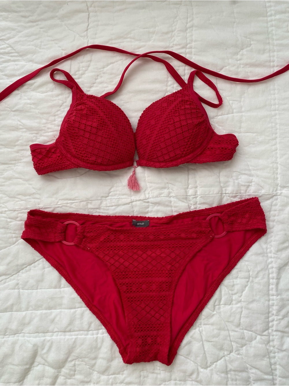 Aerie Red Crochet Tassel Bikini Set